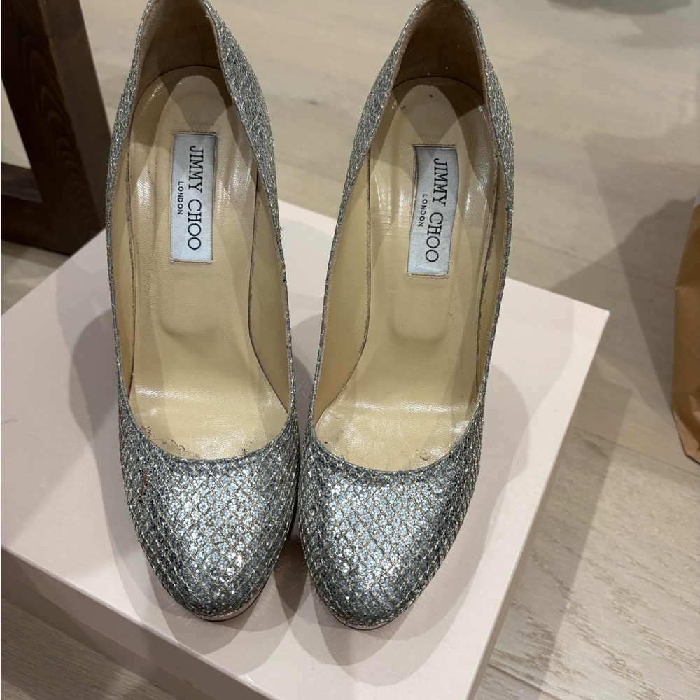 Jimmy Choo Silver Glitter Pumps with box size 38